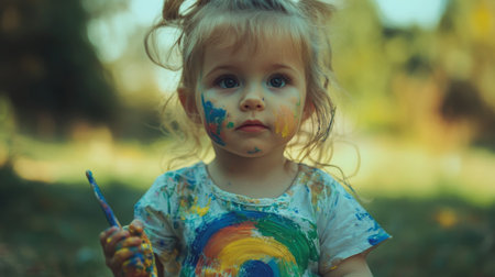 A young child plays outdoors with colorful paint on her face, capturing the innocence and joy of childhood in a vibrant natural setting.の素材