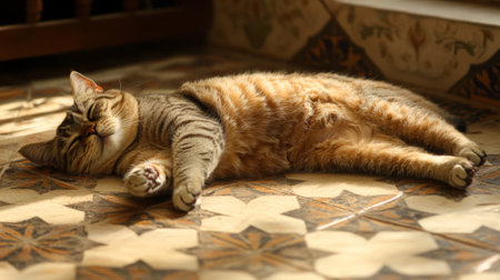 A charming cat peacefully lies on a beautifully patterned tile floor, basking in the warm sunlight, creating a cozy and serene atmosphere.の素材