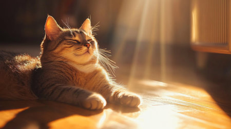A cozy cat relaxes in warm sunlight, enjoying a peaceful afternoon at home. The serene atmosphere creates a delightful moment of tranquility and comfort.の素材