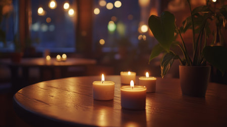 A cozy setting featuring glowing candles on a wooden table, creating a warm ambiance. Soft lighting and a green plant add to the tranquil atmosphere.の素材