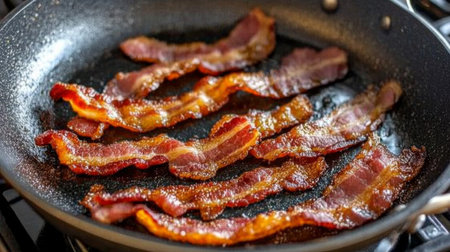 A tantalizing scene of crispy bacon frying in a pan, showcasing the delightful sizzle and aroma that makes it a breakfast favorite. Perfect for food lovers!の素材