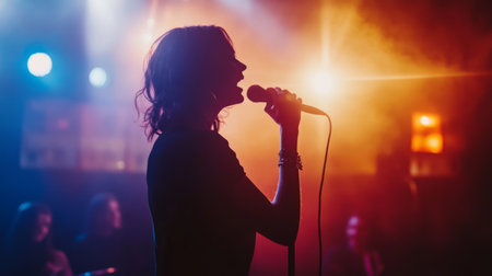 A silhouette of a woman singing passionately on stage, illuminated by colorful lights that create an enchanting atmosphere during a live performance.の素材
