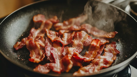 A sizzling closeup of crispy bacon cooking in a frying pan, releasing savory aromas and steam. Perfect for breakfast and culinary imagery.の素材
