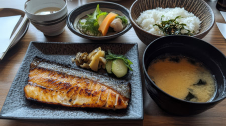 A beautifully arranged Japanese meal featuring grilled fish, miso soup, rice, and fresh vegetables, perfect for a healthy dining experience.の素材