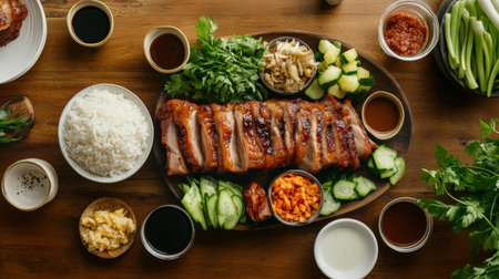 A vibrant assortment of grilled meat served with rice, fresh vegetables, and sauces on a wooden table, perfect for sharing and enjoying a delicious meal.の素材