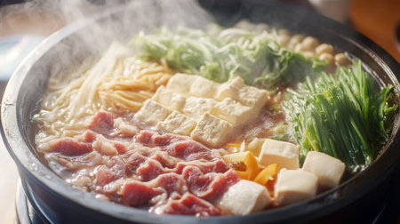 A steaming hot pot filled with fresh vegetables, succulent meat, and tofu, perfect for a cozy and flavorful dining experience with friends or family.の素材