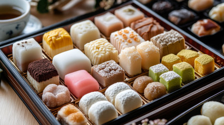 A vibrant assortment of Japanese sweets displayed in a decorative box. Perfect for showcasing unique flavors and traditional craftsmanship during celebrations or gatherings.の素材
