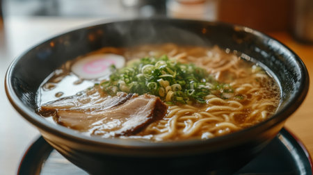 A steaming bowl of ramen noodles topped with fresh herbs and a slice of meat. Perfect for showcasing traditional Japanese cuisine and comfort food.の素材