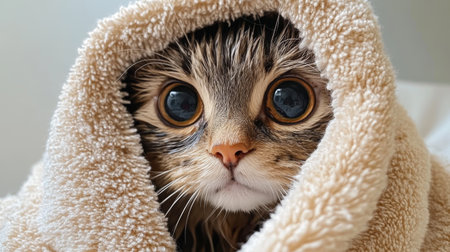 A cozy cat wrapped snugly in a soft blanket, showcasing its large, expressive eyes and fluffy fur. Ideal for conveying warmth and comfort.の素材