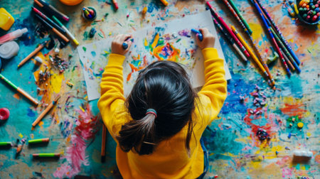 A young child joyfully engages in a colorful art activity, surrounded by a vibrant array of materials and bright paints, capturing pure creativity and fun.の素材