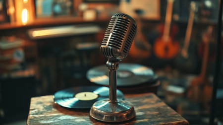A vintage microphone stands beside vinyl records in a cozy, warm-lit setting. Perfect for music, nostalgia, and creative projects evoking classic sound.の素材