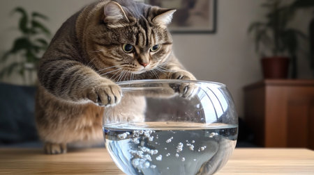 A playful cat curiously gazes into a fishbowl filled with water, showcasing its inquisitive nature. The scene captures the charm of domestic life.の素材