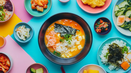 A vibrant arrangement of Asian cuisine featuring a bowl of soup surrounded by a variety of colorful dishes, showcasing fresh ingredients and delicious flavors.の素材