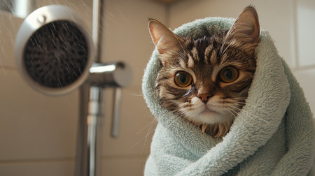 Adorable cat wrapped in a soft towel after a bath, showcasing a cozy and playful expression. Perfect for pet care and lifestyle themes.の素材