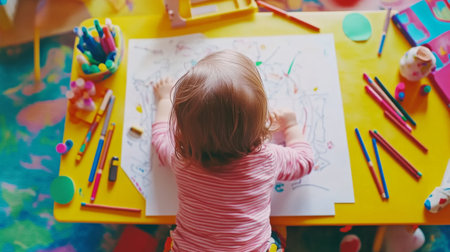 A young child is happily coloring at a bright yellow table filled with art supplies, showcasing creativity and joy in a vibrant home environment.の素材