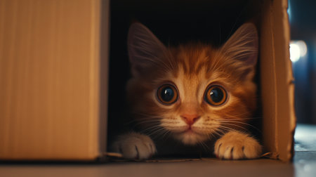 Adorable orange kitten peeking out from a cardboard box, showcasing large expressive eyes and a curious demeanor. Perfect for pet lovers and animal enthusiasts.の素材