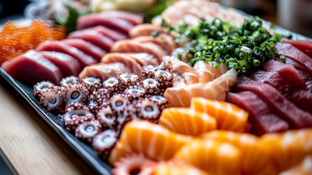 A vibrant platter showcasing a variety of fresh sushi and sashimi, including octopus, tuna, and salmon, perfect for a gourmet dining experience.の素材