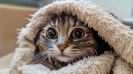 A cute cat with large eyes peeks out from a soft blanket, embodying comfort and coziness. Perfect for animal lovers and pet-themed projects.の素材