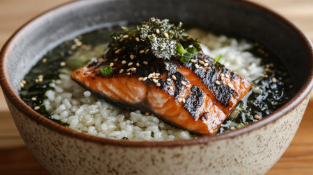A beautifully styled bowl featuring grilled salmon atop rice, garnished with seaweed and sesame seeds, perfect for a healthy meal or restaurant menu.の素材