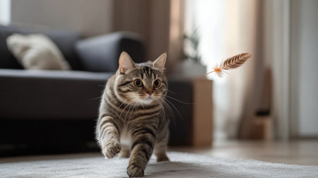 A playful cat captures the essence of joy as it chases a feather across a cozy carpet, showcasing the playful energy of indoor pets in a cheerful environment.の素材