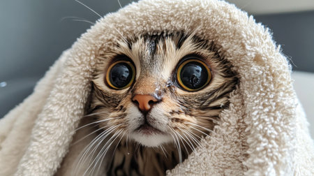 A close-up of a cat wrapped in a soft towel, showcasing its large, curious eyes. This adorable pet captures the essence of comfort and warmth indoors.の素材