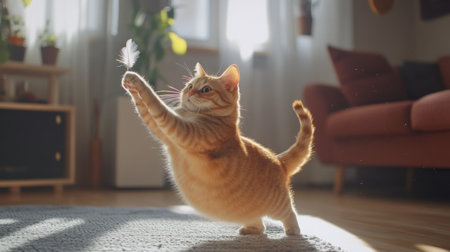 A delightful orange cat playfully chases a feather in a cozy living room filled with sunlight, showcasing its adorable personality and lively nature.の素材