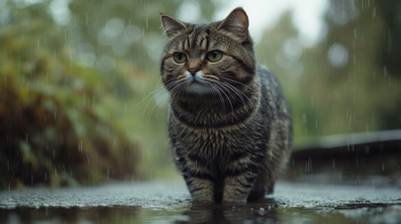 A serene image of a cat walking through a rainy landscape, capturing the beauty of nature and the tranquility of a quiet moment in the rain.の素材