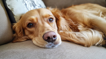 A serene golden retriever lounges comfortably on a cozy couch, showcasing its gentle expression and beautiful fur. Perfect for pet lovers and animal enthusiasts.の素材