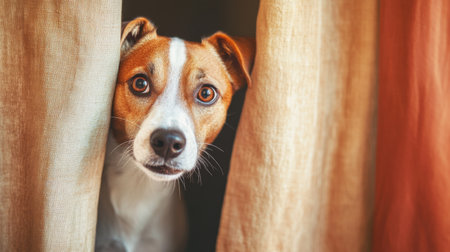 A curious dog peeks through curtains, showcasing its playful expression and warmth in an indoor setting, perfect for capturing pet's innocence and charm.の素材