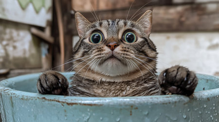 A curious cat peeks out from a bucket, showcasing its surprised expression and glistening fur. This charming image captures the playful nature of pets.の素材