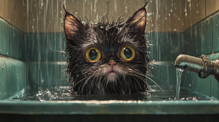 A charming cat with large eyes peeks out from a shower under cascading water droplets, showcasing a mix of surprise and curiosity in a playful setting.の素材