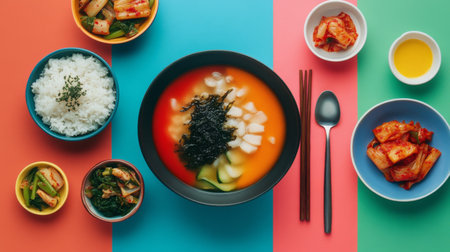 A vibrant Asian meal featuring a bowl of soup with vegetables, rice, and assorted kimchi dishes. Perfect for showcasing colorful cuisine and dining culture.の素材