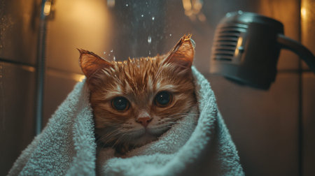 A charming image of a wet cat wrapped in a towel after a bath. The cat's expressive eyes and fluffy fur convey a sense of comfort and warmth.の素材