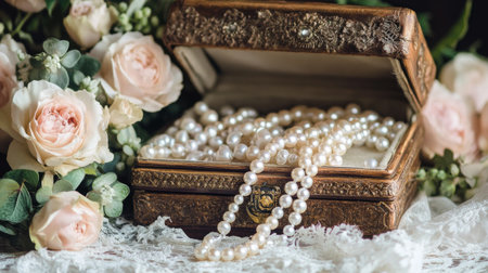 A vintage jewelry box overflows with radiant pearls, surrounded by delicate roses and lace, capturing timeless elegance and romance in a soft, feminine setting.の素材