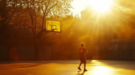 A young basketball player is silhouetted against a vibrant sunset, bringing a sense of tranquility and energy to the outdoor court scene.の素材