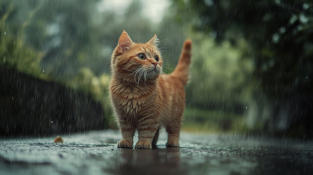 A charming orange cat stands curiously in the rain on a wet pathway, surrounded by a soft blurred background, capturing a moment of tranquility and exploration.の素材