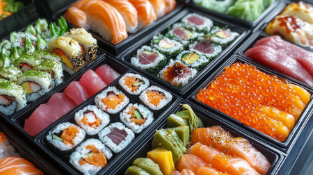 Discover a vibrant assortment of fresh sushi showcasing various colors and textures, perfect for any occasion or dining experience.の素材