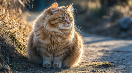 A fluffy orange cat sits peacefully on a sunlit path, surrounded by nature. With its vibrant fur and curious gaze, this adorable feline captures the essence of tranquility and beauty.の素材