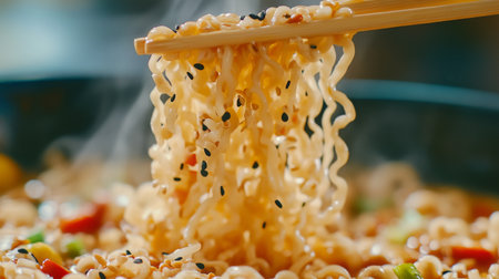A close-up of steaming noodles being lifted with chopsticks, showcasing its texture and delicious appeal. Perfect for food lovers and culinary enthusiasts.の素材