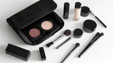 A flatlay arrangement showcasing essential makeup items in a stylish black cosmetic bag, perfect for beauty enthusiasts and professionals.の素材