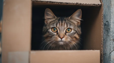 A charming cat peeks from a cardboard box, showcasing its curious expression and striking eyes. This cozy scene captures the playful spirit of feline companionship.の素材
