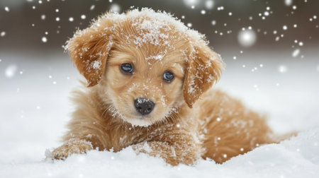 A charming golden puppy enjoys playful moments in a snowy landscape, surrounded by soft snowflakes, capturing pure joy and innocence in winter.の素材