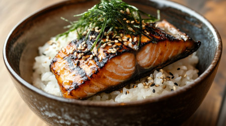 Delicious grilled salmon served on a bed of rice, topped with fresh seaweed and sesame seeds, perfect for a healthy meal or gourmet dinner option.の素材