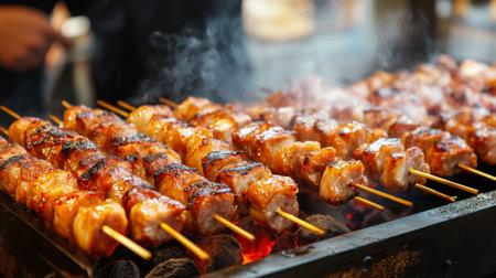 Savor the mouthwatering sight of tender grilled skewers sizzling over an outdoor barbecue grill, enveloped in aromatic smoke and rich flavors.の素材