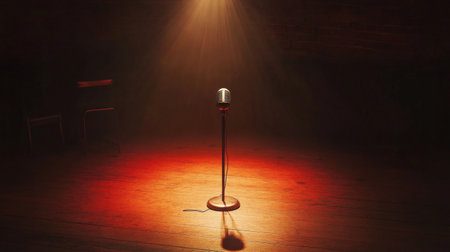 A vintage microphone stands alone in a dark room, illuminated by a spotlight. This setup creates a dramatic and artistic atmosphere, perfect for performances.の素材