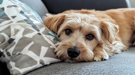 A charming dog lounges comfortably on a stylish couch, showcasing its playful yet calm demeanor. Perfect for pet lovers and home decor themes.の素材