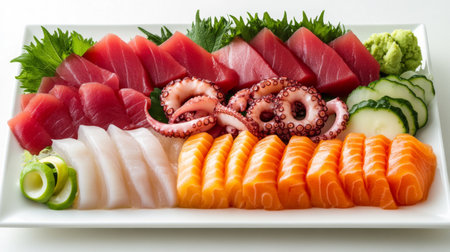 An exquisite platter of fresh assorted sashimi including tuna, salmon, and octopus, beautifully arranged with garnishes on a white plate. Perfect for sushi lovers.の素材