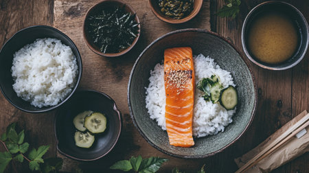 A beautifully arranged meal featuring fresh salmon on rice, complemented by side dishes and green tea, perfect for showcasing healthy eating and Asian cuisine.の素材
