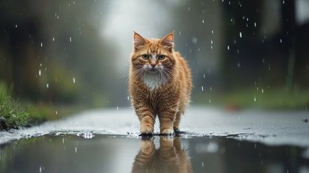 A solitary orange cat walks through puddles in the rain, reflecting its image in the water. The scene captures the calm yet melancholic beauty of nature.の素材