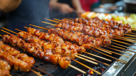 Mouthwatering grilled skewers sizzling over charcoal. These flavorful pieces of meat are perfect for outdoor gatherings and street food lovers.の素材